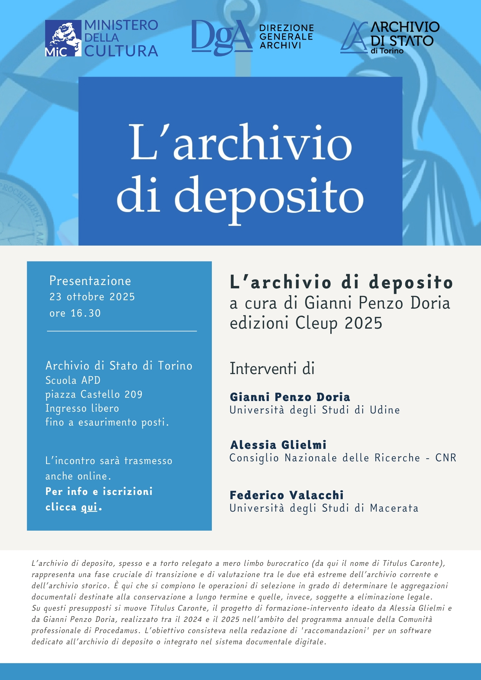 Presentazione del libro "L'archivio di deposito"